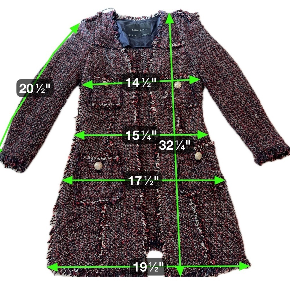 Zara Basic Tweed Longline Coat Jacket XS Black Red Fringe Bouclé - Picture 14 of 16